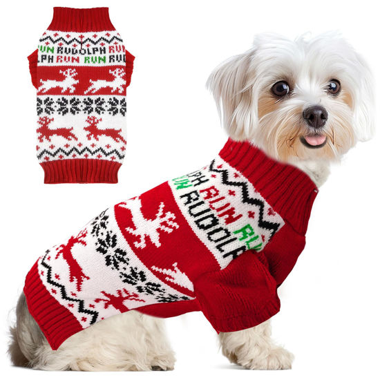 Picture of ABRRLO Dog Christmas Sweater Cute Running Deer Xmas Dog Cat Outfit New Year Holiday Costumes Puppy Cat Sweater with Leash Hole for Small Medium Large Dogs Girl Boy Turtleneck Winter Warm Pet Clothes