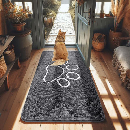 Picture of Smiry Dog Door Mat for Muddy Paws, Absorbent Dirt Trapper Non-Slip Washable Mat, Quick Dry Chenille, Mud Mat for Dogs, Entry Indoor Door Mat for Inside Floor (48x30 Inches, Dark Grey)