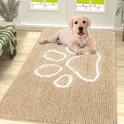Picture of Smiry Dog Door Mat for Muddy Paws, Absorbent Dirt Trapper Non-Slip Washable Mat, Quick Dry Chenille, Mud Mat for Dogs, Entry Indoor Door Mat for Inside Floor (47x32 Inches, Beige)