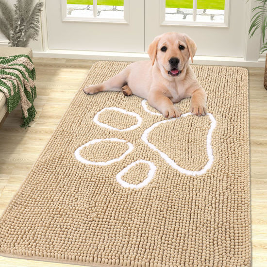 Picture of Smiry Dog Door Mat for Muddy Paws, Absorbent Dirt Trapper Non-Slip Washable Mat, Quick Dry Chenille, Mud Mat for Dogs, Entry Indoor Door Mat for Inside Floor (47x32 Inches, Beige)
