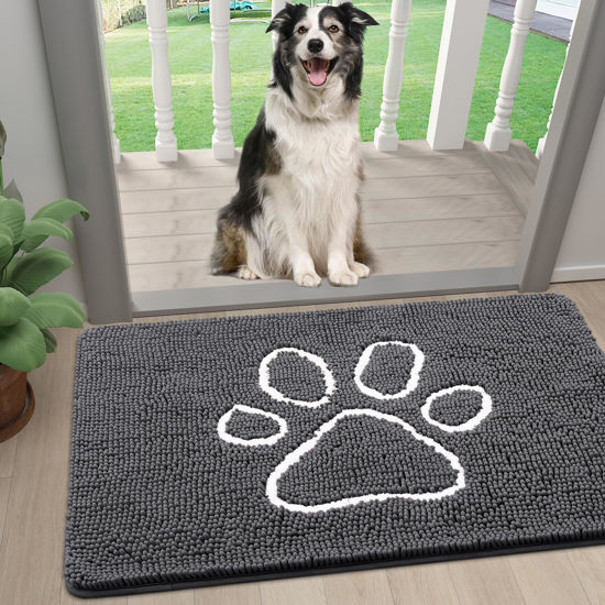 Picture of Smiry Dog Door Mat for Muddy Paws, Absorbent Dirt Trapper Non-Slip Washable Mat, Quick Dry Chenille, Mud Mat for Dogs, Entry Indoor Door Mat for Inside Floor (24x16 Inches, Dark Grey)