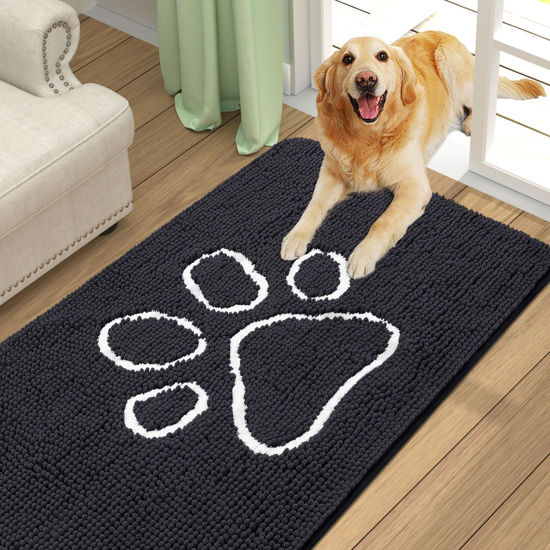 Picture of Smiry Dog Door Mat for Muddy Paws, Absorbent Dirt Trapper Non-Slip Washable Mat, Quick Dry Chenille, Mud Mat for Dogs, Entry Indoor Door Mat for Inside Floor (47x24 Inches, Black)