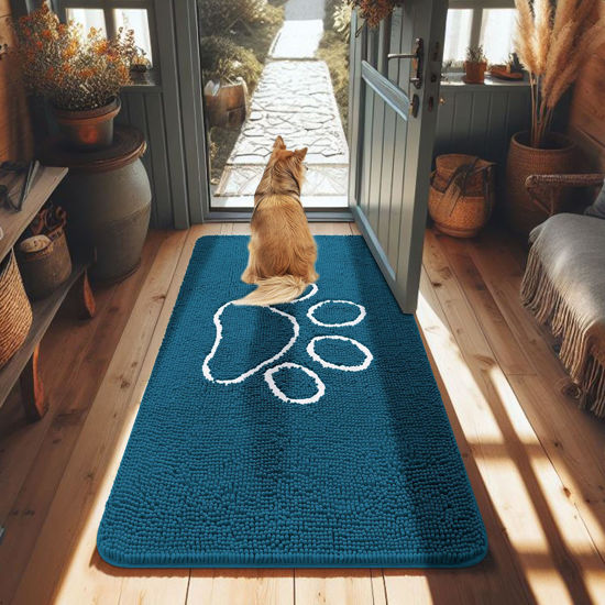 Picture of Smiry Dog Door Mat for Muddy Paws, Absorbent Dirt Trapper Non-Slip Washable Mat, Quick Dry Chenille, Mud Mat for Dogs, Entry Indoor Door Mat for Inside Floor (48x30 Inches, Atlantic Blue)