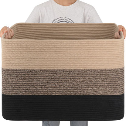 Picture of OIAHOMY 108L Super Large Blanket Basket, 25”x16”x16” Rectangle Woven Baskets for Storage, Cotton Rope Basket For Living Room, Toy Basket with Handle, Basket for Organizing - Yellow Black