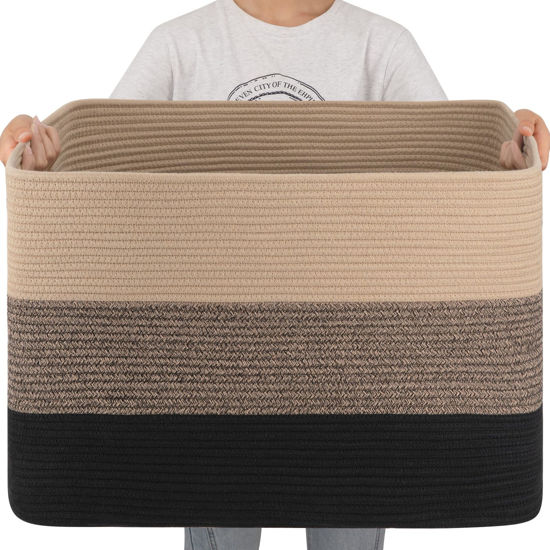 Picture of OIAHOMY 108L Super Large Blanket Basket, 25”x16”x16” Rectangle Woven Baskets for Storage, Cotton Rope Basket For Living Room, Toy Basket with Handle, Basket for Organizing - Yellow Black