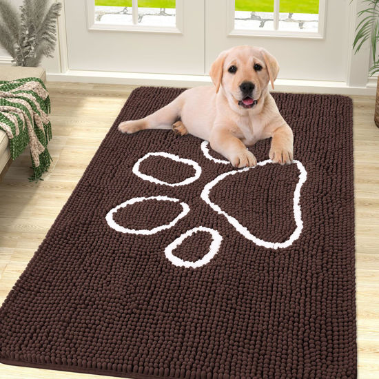 Picture of Smiry Dog Door Mat for Muddy Paws, Absorbent Dirt Trapper Non-Slip Washable Mat, Quick Dry Chenille, Mud Mat for Dogs, Entry Indoor Door Mat for Inside Floor (40x32 Inches, Brown)