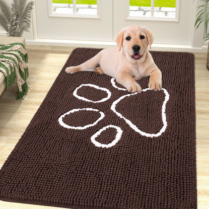 Picture of Smiry Dog Door Mat for Muddy Paws, Absorbent Dirt Trapper Non-Slip Washable Mat, Quick Dry Chenille, Mud Mat for Dogs, Entry Indoor Door Mat for Inside Floor (47x32 Inches, Brown)