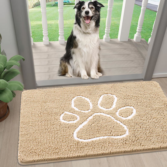 Picture of Smiry Dog Door Mat for Muddy Paws, Absorbent Dirt Trapper Non-Slip Washable Mat, Quick Dry Chenille, Mud Mat for Dogs, Entry Indoor Door Mat for Inside Floor (24x16 Inches, Beige)