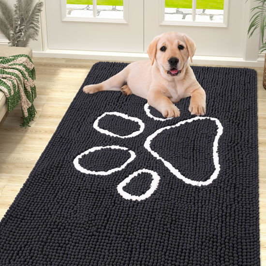 Picture of Smiry Dog Door Mat for Muddy Paws, Absorbent Dirt Trapper Non-Slip Washable Mat, Quick Dry Chenille, Mud Mat for Dogs, Entry Indoor Door Mat for Inside Floor (59x35 Inches, Black)