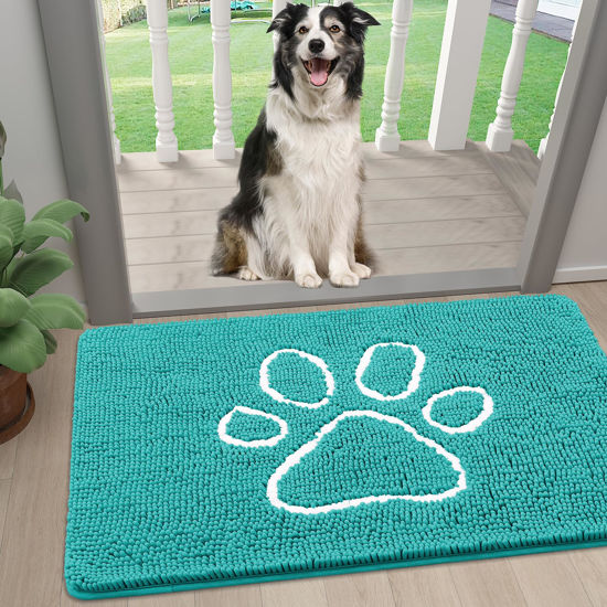 Picture of Smiry Dog Door Mat for Muddy Paws, Absorbent Dirt Trapper Non-Slip Washable Mat, Quick Dry Chenille, Mud Mat for Dogs, Entry Indoor Door Mat for Inside Floor (24x16 Inches, Turquoise)
