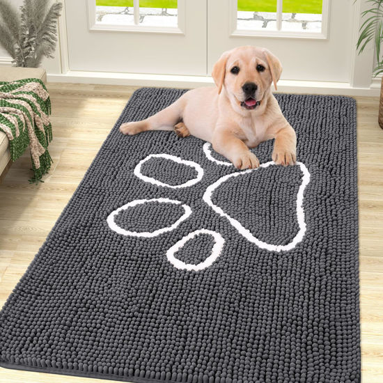 Picture of Smiry Dog Door Mat for Muddy Paws, Absorbent Dirt Trapper Non-Slip Washable Mat, Quick Dry Chenille, Mud Mat for Dogs, Entry Indoor Door Mat for Inside Floor (40x32 Inches, Dark Grey)