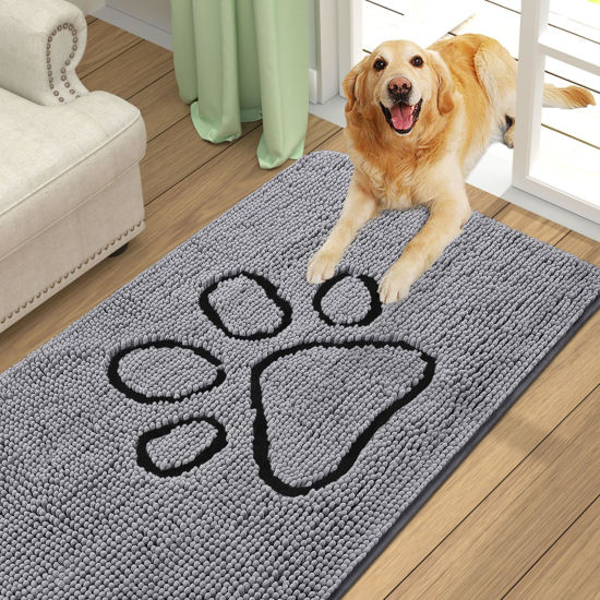 Picture of Smiry Dog Door Mat for Muddy Paws, Absorbent Dirt Trapper Non-Slip Washable Mat, Quick Dry Chenille, Mud Mat for Dogs, Entry Indoor Door Mat for Inside Floor (70x24 Inches, Grey)