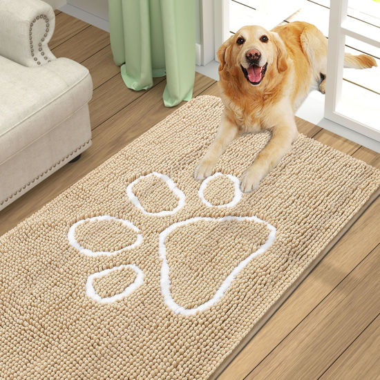 Picture of Smiry Dog Door Mat for Muddy Paws, Absorbent Dirt Trapper Non-Slip Washable Mat, Quick Dry Chenille, Mud Mat for Dogs, Entry Indoor Door Mat for Inside Floor (70x24 Inches, Beige)
