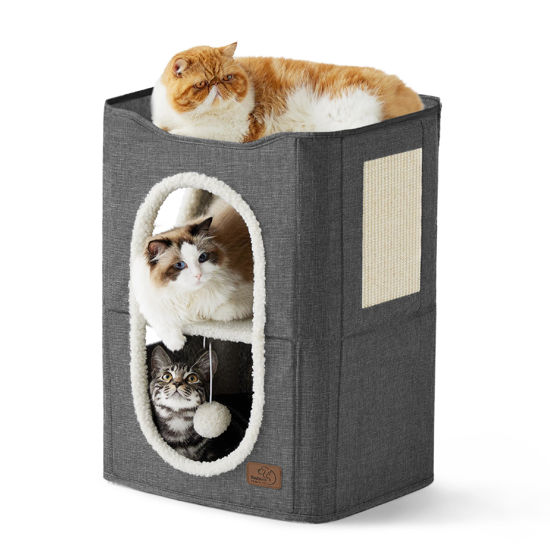 Picture of Bedsure 2-Level Cat House for Indoor Cats - Small Cat Towers with Scratch Pad and Hideaway Condo, Cat Cave Bed Furniture for Multi Pets and Large Cats, 18x14x23 inches, Dark Grey