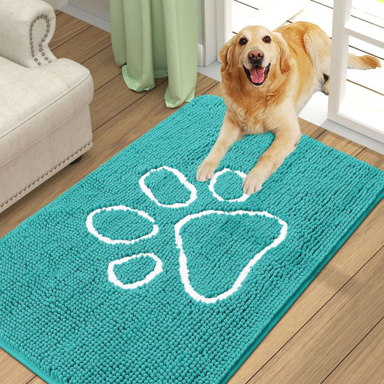 Picture of Smiry Dog Door Mat for Muddy Paws, Absorbent Dirt Trapper Non-Slip Washable Mat, Quick Dry Chenille, Mud Mat for Dogs, Entry Indoor Door Mat for Inside Floor (36x24 Inches, Turquoise)