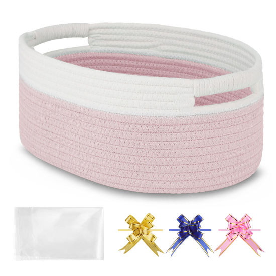 Picture of BOSROTY Small Woven Basket with Gift Bags and Ribbons, Empty Gift Basket, Basket for Gifts, Gift Basket for Women Men, Shelf Baskets, Small Cat Dog Pet Toy Basket, 13”x 9”x 5.5”, Light Pink