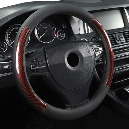 Picture of Microfiber Leather 15" Universal Fit Car Steering Wheel Cover, Elastic Nonslip Breathable and Odorless, Black & Brown