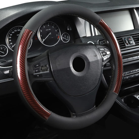 Picture of Microfiber Leather 15" Universal Fit Car Steering Wheel Cover, Elastic Nonslip Breathable and Odorless, Black & Brown