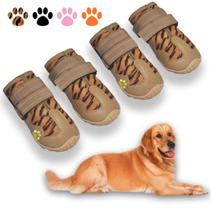 Picture of XSY&G Dog Boots,Waterproof Dog Shoes,Dog Booties with Reflective Strips Rugged Anti-Slip Sole and Skid-Proof,Outdoor Dog Shoes for Small Medium Large Dogs 4Pcs Leopard-Size 2