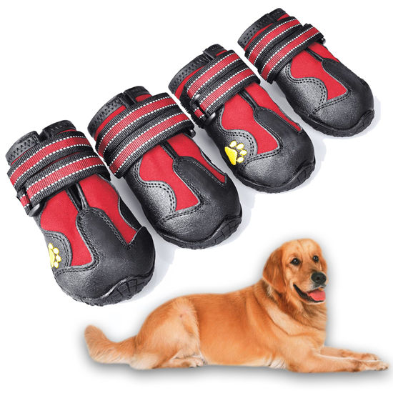 Picture of XSY&G Dog Boots,Waterproof Dog Shoes,Dog Booties with Reflective Strips Rugged Anti-Slip Sole and Skid-Proof,Outdoor Dog Shoes for Medium Large Dogs 4Pcs Red-Size 8