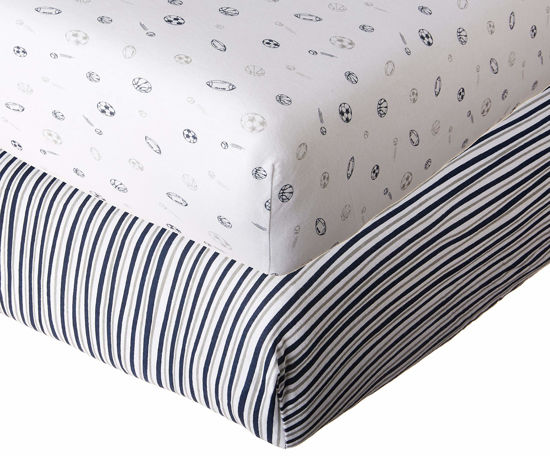 Picture of American Baby Company 2 Pack Fitted Crib Sheets 28" x 52", Soft Breathable Neutral 100% Cotton Jersey Sheet, Navy/Grey Sports Stripes, for Boys and Girls, Fits Crib and Toddler Bed mattresses