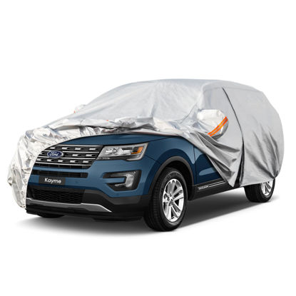 Picture of Kayme 6 Layers SUV Car Cover Custom Fit for Ford Explorer（2006-2025） Waterproof All Weather for Automobiles, Outdoor Full Cover Rain Sun UV Protection.Silver