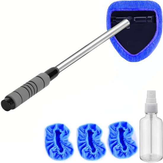 Picture of Windshield Cleaning Tool - Extendable Handle Car Window Cleaner with 3 Reusable Cloth Pads, Auto Glass Wiper Kit for Interior & Exterior, Ideal for Dirty Car Windows