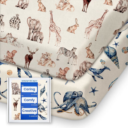 Picture of Graco Pack and Play Sheets Fitted, TotBasic Ultra Soft Mini Crib Sheets Boy, Neutral Pack N Play Mattress Sheets Hypoallergenic and Soothing, Premium Jersey Playrad Sheets, Safari Sea Animals, 2 Pack