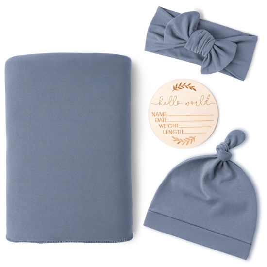 Picture of Konssy Baby Girl Newborn Receiving Blanket with Matching Headband and Beanie Set Baby Swaddle Nursery Swaddle Wrap(Blue)