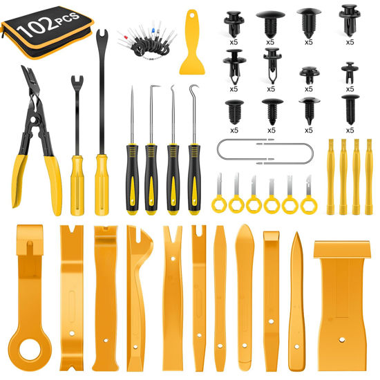 Picture of GOOACC 102Pcs Trim Removal Tool, Auto Push Pin Nylon Bumper Retainer Clip Set Fastener Terminal Remover Tool Round Handle Crowbar Kit Car/Radio Panel, Yellow