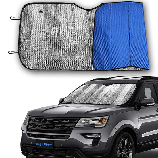 Picture of Big Hippo Front Car Sunshade Windshield-Jumbo/Standard Sun Shade Keeps Vehicle Cool-UV Ray Protector Sunshade-Easy to Use Sun Shade-Silver/Blue Sides(Size: 55.16"X 27.5")