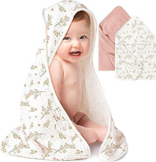 Picture of Konssy 2-Pack Muslin Hooded Baby Towels, 100% Cotton, Ultra-Soft & Absorbent Baby Bath Towels with Hood for Newborn & Infant (Pink, Floral,30" x 30")