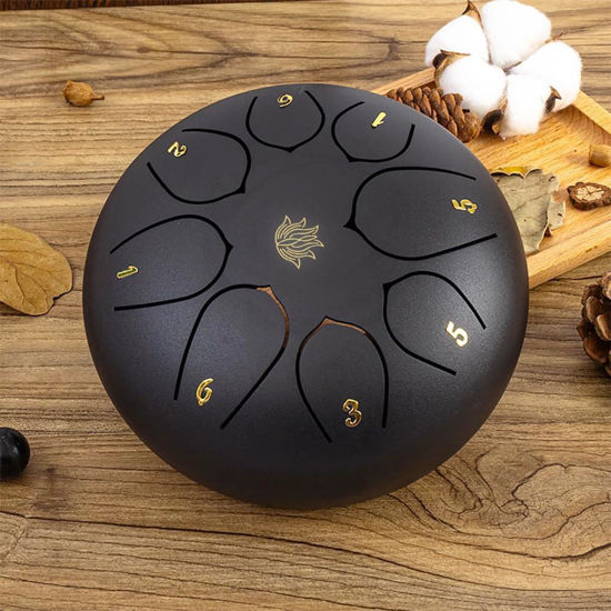 Picture of Eavnbaek Steel Tongue Drum - 8 Notes 6 Inch Steel Hand Drum with Bag, Music Book, Drumsticks, Mallet Holder and Finger Picks, Tongue Drum for Camping, Meditation or Yoga (Black)