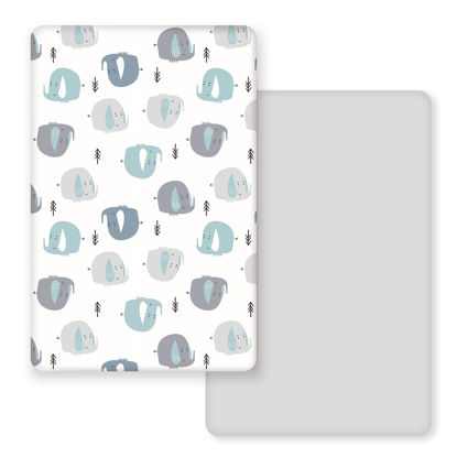 Picture of GRSSDER Stretchy Ultra Soft Jersey Knit Fitted Pack n Play Sheets Set 2 Pack, Portable/Mini Cribs Playards Sheets with Deep Pocket, Cute Elephant for Girls and Boys