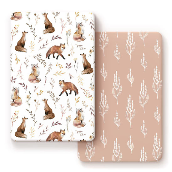 Picture of GRSSDER Stretchy Ultra Soft Jersey Knit Fitted Pack n Play Sheets Set 2 Pack, Fit Portable/Mini Crib, Playards Mattress Pads Safe and Snug, Pretty Fox for Baby Girls