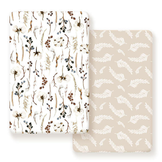 Picture of GRSSDER Stretchy Ultra Soft Jersey Knit Fitted Pack n Play Sheets Set 2 Pack, Neutral Portable/Mini Cribs Sheets, Fit Playards Mattress Pads Safe and Snug, Stylish Pretty Flora for Baby, Beige