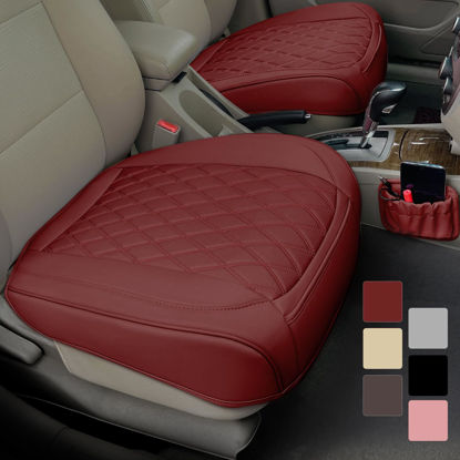 Picture of 2 Pack Leather Front Car Seat Cover Bottom Car Seat, Anti-Slip and Full Wrap Driver Car Seat Protectors with Storage Pocket, Luxury Waterproof Bottom Auto Seat Cushion Pad Mat for Most Vehicles(Red)