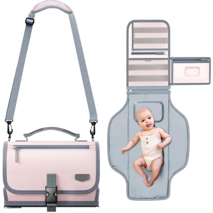 Picture of Portable Diaper Changing Pad with Shoulder Strap, Detachable Travel Changing Pad with Baby Wipes Pocket, Gifts for Baby Shower, Newborn Girls and Boys (Pink)