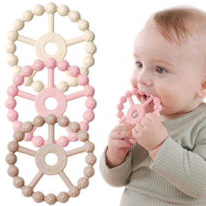 Picture of 3 Pack Ring Teether, Silicone Teething Ring Toys for Babies 0-6 Months, Seposeve Baby Teethers 6-12 Months 12-24 Months, Easy to Grasp Toy for Baby Teething Relief, White Pink Coffee
