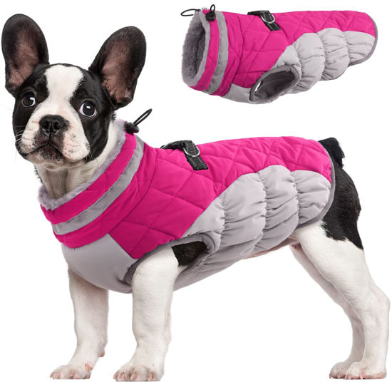 Picture of FUAMEY Dog Coat, Medium, Pink, Faux Fur - Waterproof, Windproof, Reflective Cold Weather Coat with Built-in Harness, Fits Dogs 11 lbs and Up