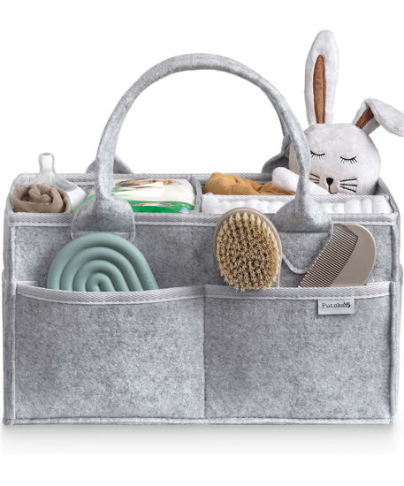 Picture of PUTSKA Baby Diaper Caddy Organizer - Nursery Storage Basket for Diaper Station, Baby Basket Shower Gifts List and Registry Must-Haves, Newborn Essentials, Nursery Decor for Boy or Girl - Grey, Large
