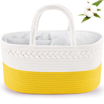 Picture of ABenkle Baby Diaper Caddy, Nursery Storage Bin and Car Organizer for Diapers and Baby Wipes, Cotton Rope Diaper Basket Caddy, Changing Table Diaper Storage Caddy Baby Gift Baskets -Yellow