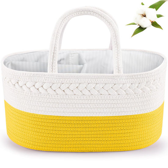 Picture of ABenkle Baby Diaper Caddy, Nursery Storage Bin and Car Organizer for Diapers and Baby Wipes, Cotton Rope Diaper Basket Caddy, Changing Table Diaper Storage Caddy Baby Gift Baskets -Yellow