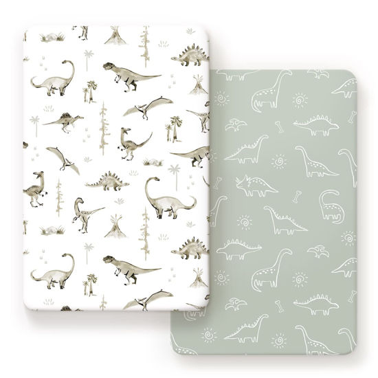 Picture of GRSSDER Pack n Play Sheets Fitted 2 Pack, Stretchy Ultra Soft Pack and Play Sheets, Universal Fitted Portable/Mini Crib Mattresses Snug and Safe, Jersey Crib Sheets for Boys, Dinosaurs