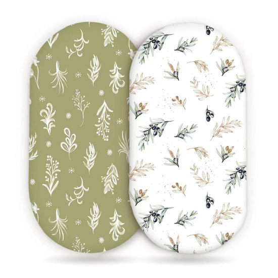 Picture of Stretchy Ultra Soft Fitted Bassinet Sheets Set 2 Pack, Cradle Sheet Universal Fit for Rectangle, Oval or Hourglass Bassinet Pad/Mattress Safe and Snug, Stylish Watercolor Flora and Olive
