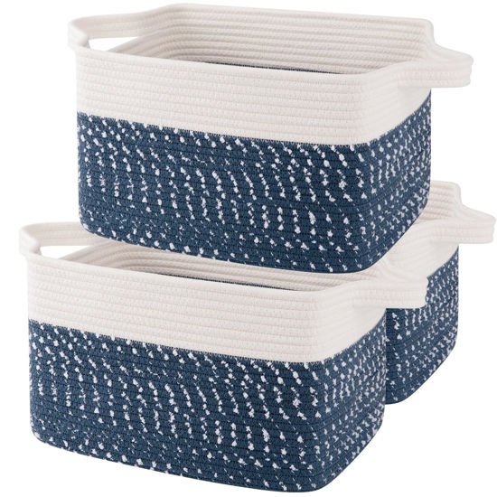 Picture of OIAHOMY Storage Basket, Woven Baskets for Storage, Cotton Rope Basket for toys,Towel Baskets for Bathroom - Pack of 3,White Blue