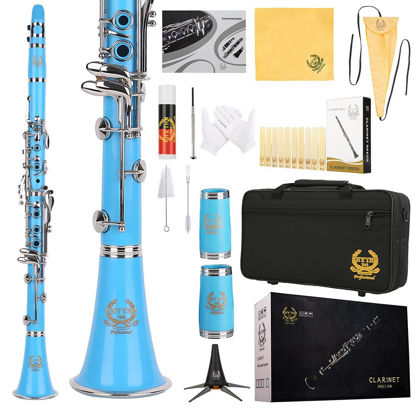 Picture of Rhythm Bb Clarinet 17 Nickel Keys Woodwind Band & Orchestra Musical Instruments for Beginners Includes Case, Stand, 10 Reeds and Cleaning Kit-Light Blue
