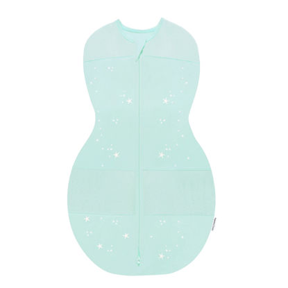 Picture of Happiest Baby Sleepea 5-Second Swaddle - 100% Organic Cotton Baby Swaddle Blanket - Doctor Designed Promotes Healthy Hip Development (Teal Stars, Medium)