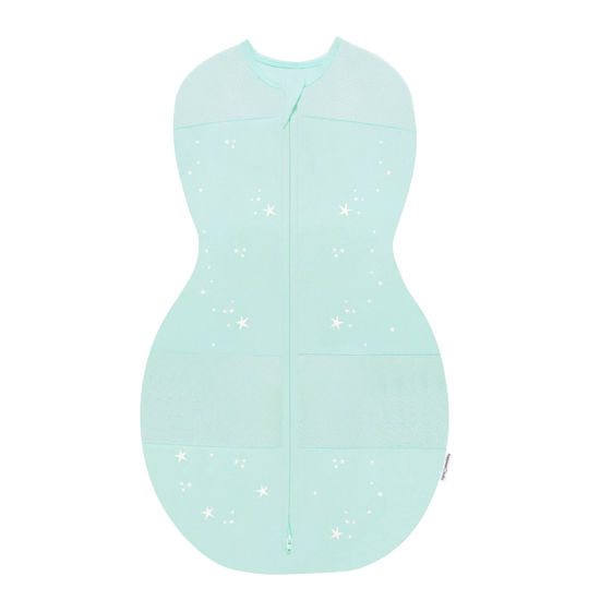 Picture of Happiest Baby Sleepea 5-Second Swaddle - 100% Organic Cotton Baby Swaddle Blanket - Doctor Designed Promotes Healthy Hip Development (Teal Stars, Medium)