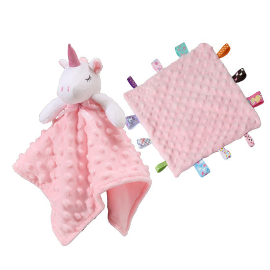 Picture of CREVENT Cozy Plush Baby Security Blanket Loveys for Baby Girls, Minky Dot Front + Sherpa Backing with Animal Face (Pink Unicorn + Tag)